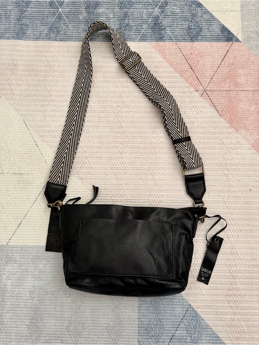 latico Black Leather Crossbody with Black & White Strap